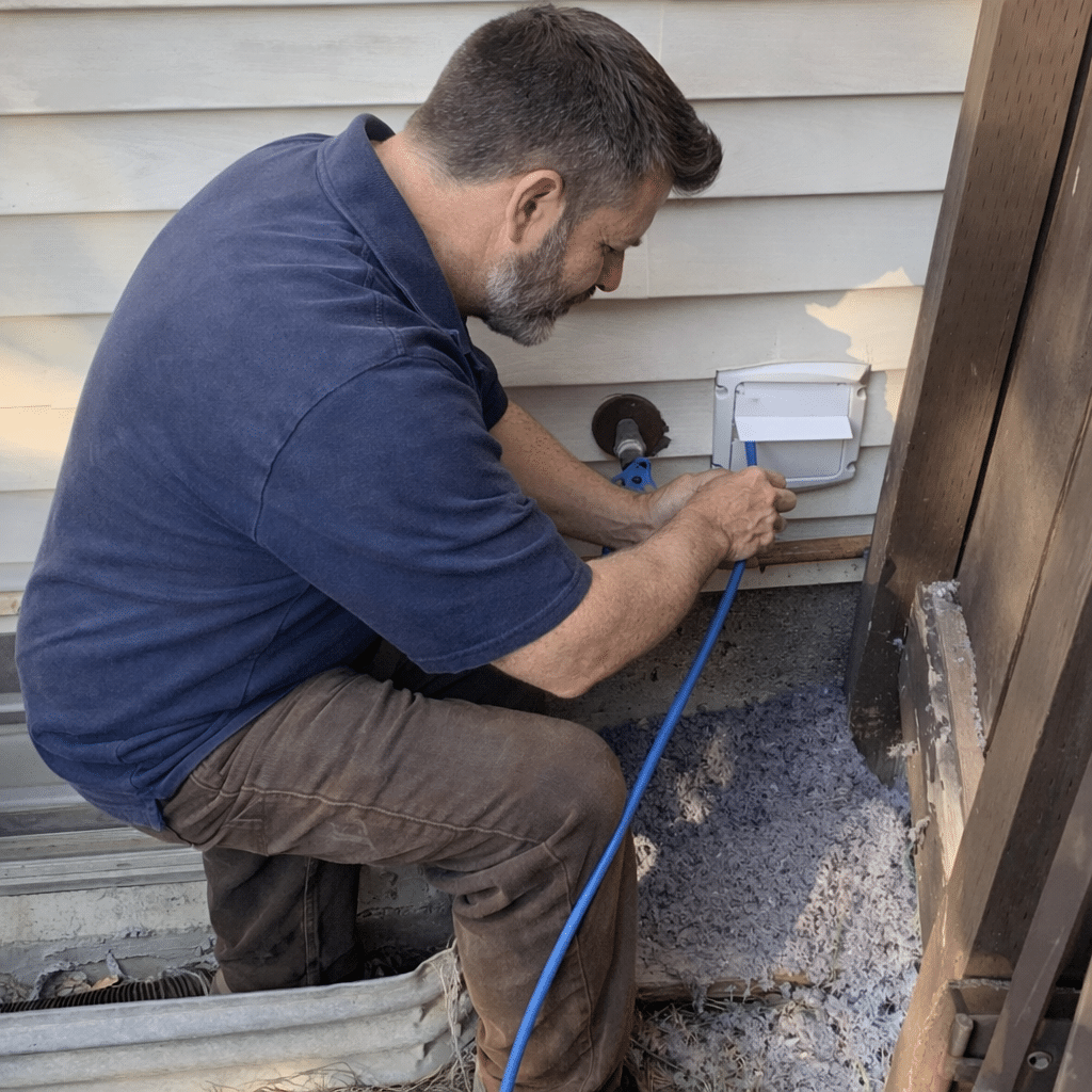Technician cleaning an exterior dryer vent at a Lenexa, KS home for 360 Dryer Vent Cleaning