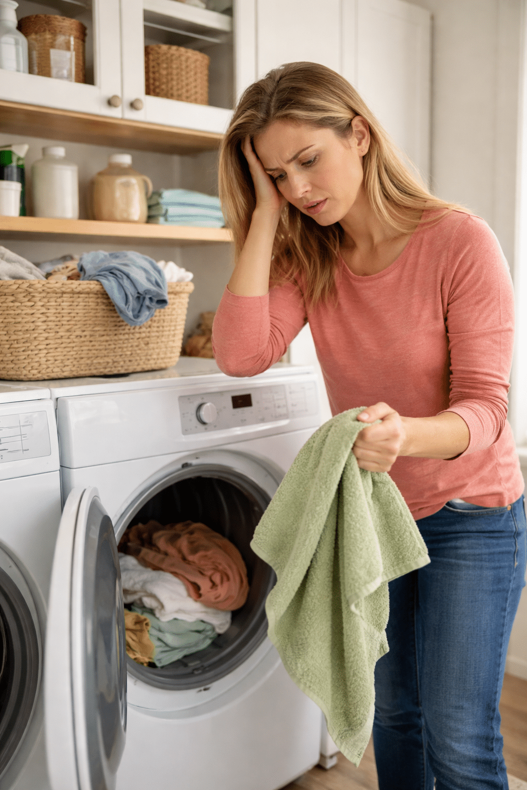 Frustration in the laundry room-Dryer takes forever to dry Homeowner frustrated with clothes still damp after a long dryer cycle in a laundry room