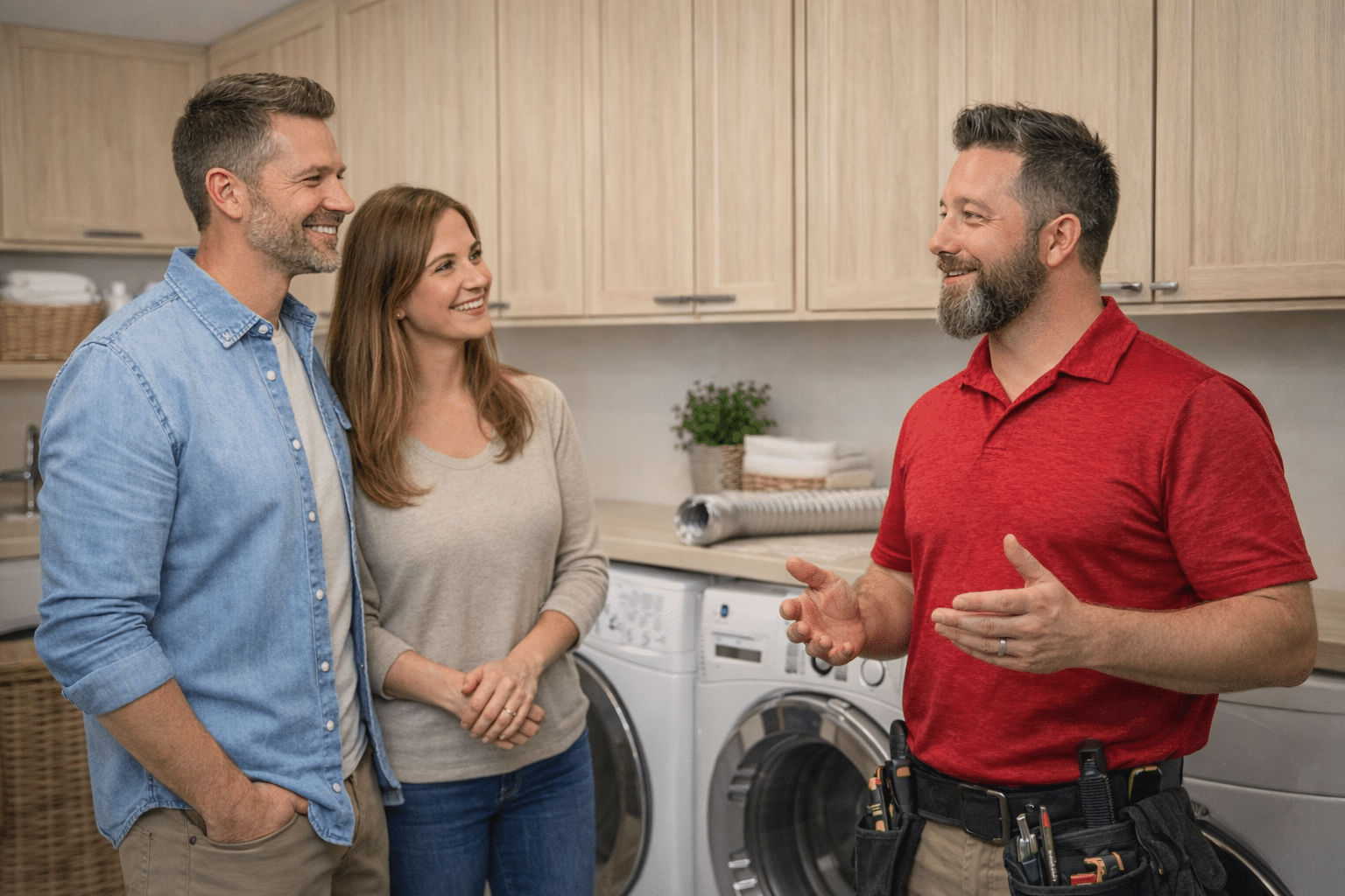 Kansas city dryer vent cleaning cost-360 Dryer Vent Cleaning Technician performing dryer vent cleaning and explaining price at a Kansas City home