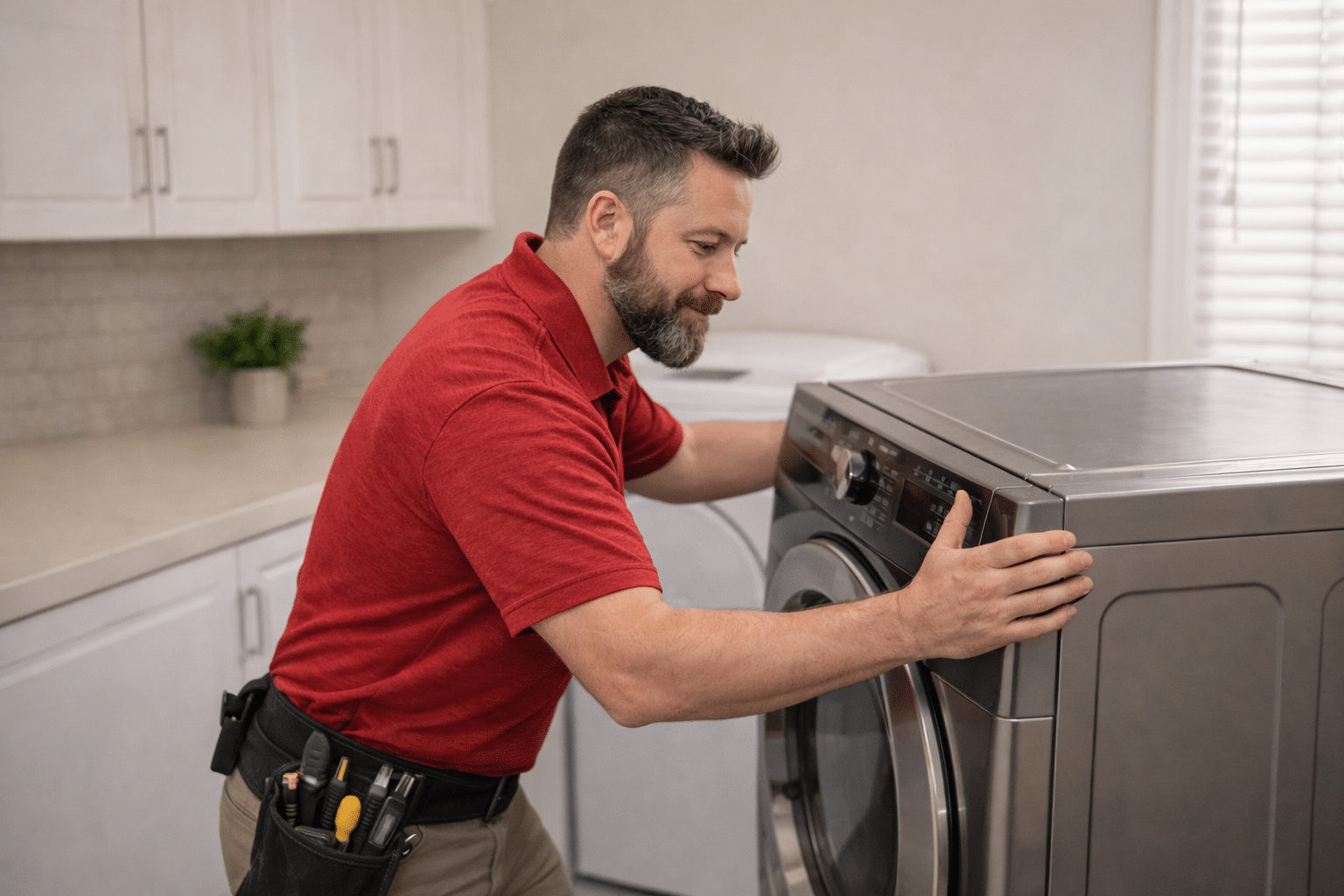 Technician moving dryer away from the wall in a residential Independence, MO home during a dryer vent cleaning service.