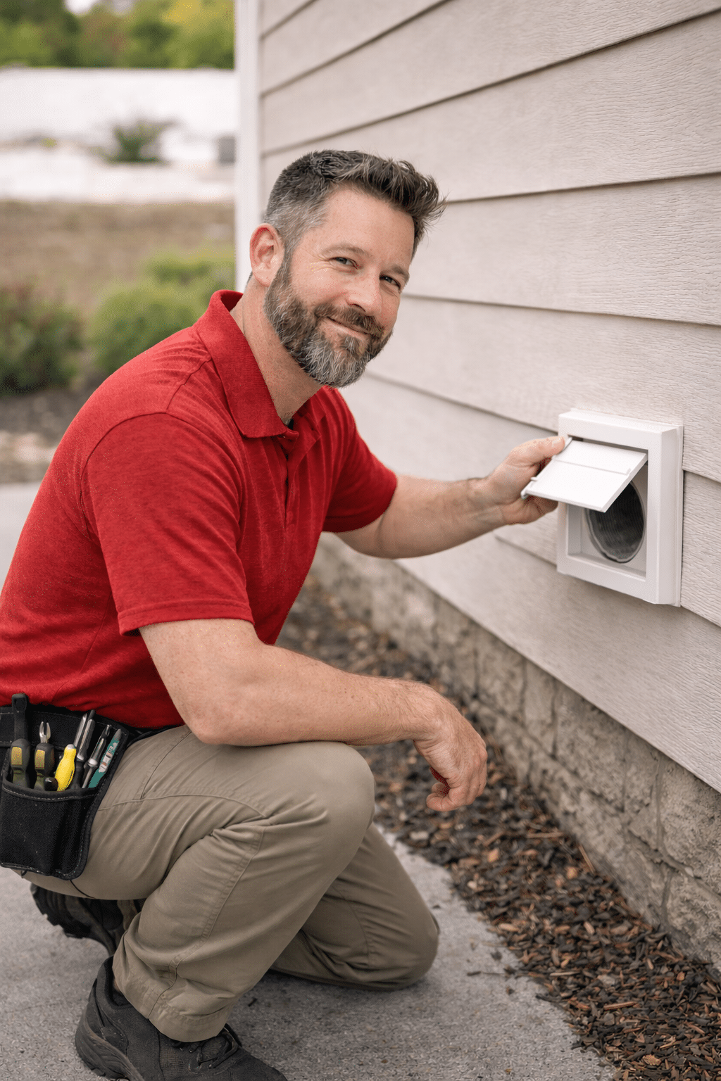 inspecting dryer vent in Leawood KS Technician inspecting an exterior dryer vent at a home in Leawood, KS during a professional dryer vent cleaning service.